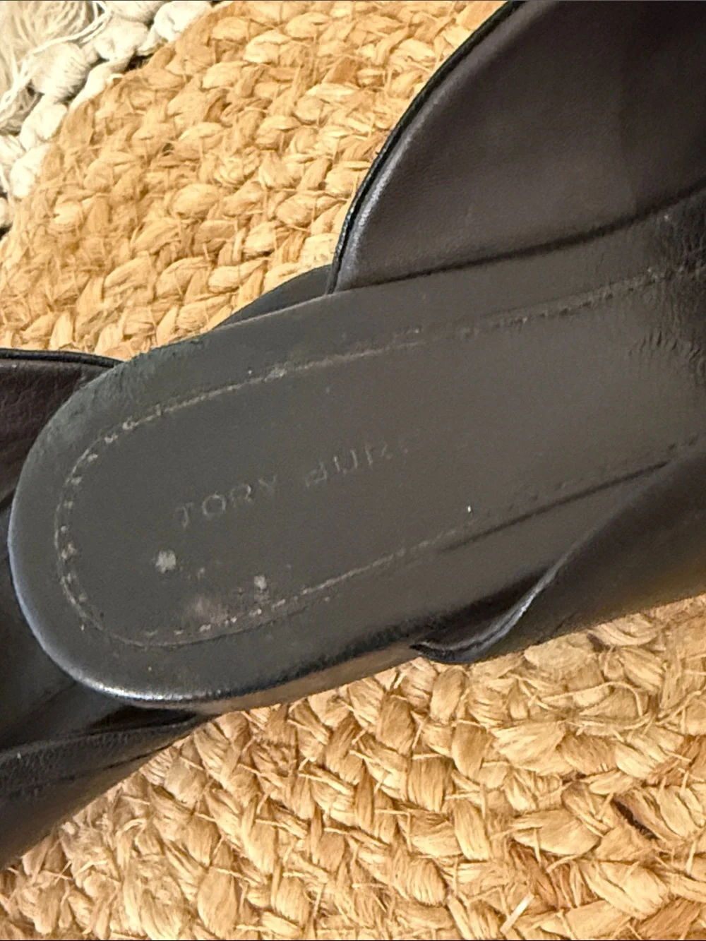 Tory Burch Black Leather Logo Mules Slides Gold Hardware 7.5M